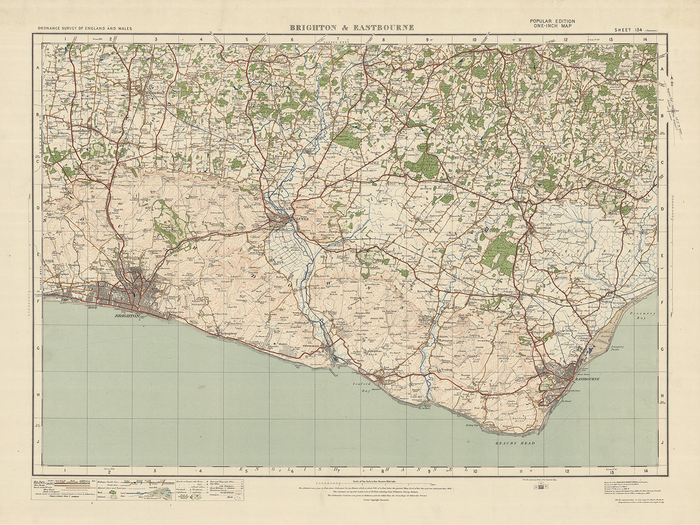 Mapa de Old Ordnance Survey, hoja 134 - Brighton y Eastbourne, 1925: Lewes, Newhaven, Burgess Hill, Hassocks, Hailsham