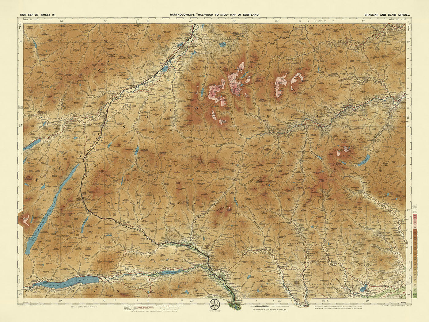 Old OS Map of Braemar and Blair Atholl by Bartholomew, 1901: Cairngorms, Ben Macdui, River Dee, Loch Tummel, Balmoral Castle