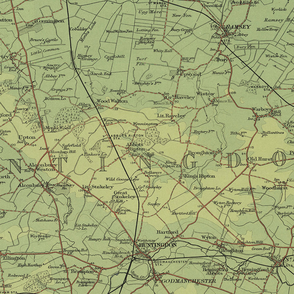 Old OS Map of Cambridge, Huntingdon by Bartholomew, 1901: St Neots, St Ives, Ely, River Great Ouse, The Fens, Grafham Water