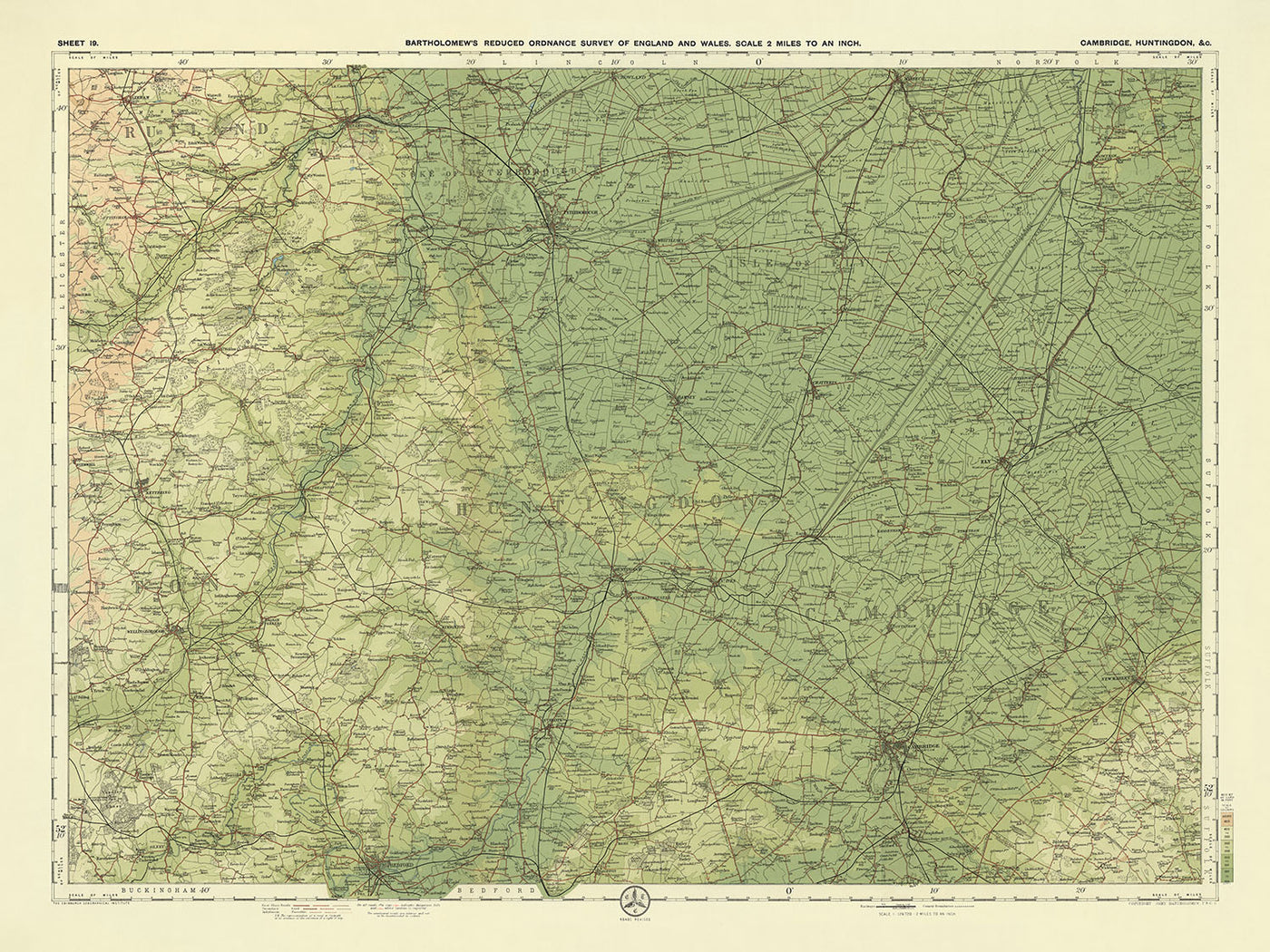 Old OS Map of Cambridge, Huntingdon by Bartholomew, 1901: St Neots, St Ives, Ely, River Great Ouse, The Fens, Grafham Water