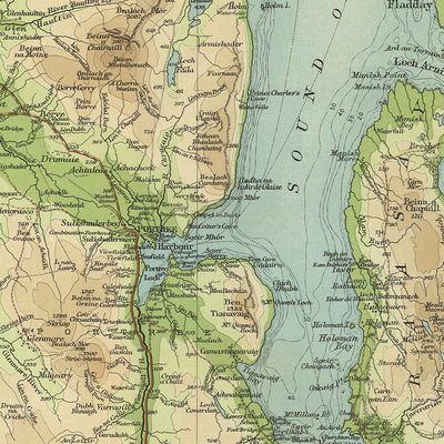 Alte OS-Karte von Isle of Skye von Bartholomew, 1901: Portree, Cuillin Hills, Loch Snizort, Dunvegan Castle, Raasay, The Storr 