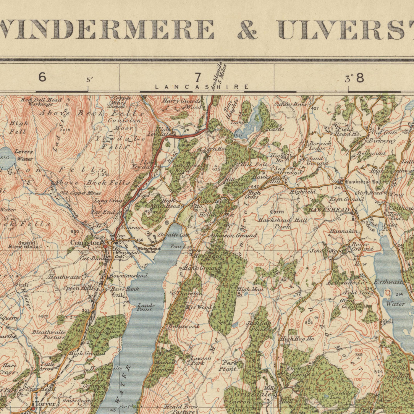 Mappa dell'Old Ordnance Survey, Foglio 19 - Windermere e Ulverston, 1925: Dalton-in-Furness, Millom, Grange-over-Sands, Kendal e Parco Nazionale del Lake District 