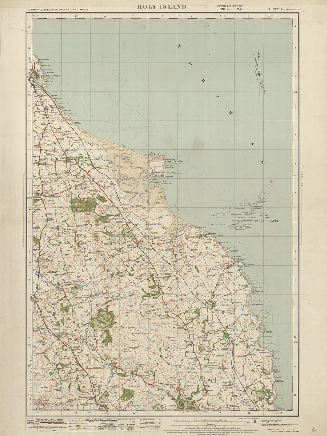 Antigua Mapa del Servicio de Ordenanzas, Hoja 2 - Isla Sagrada, 1919-1926: Belford, Wooler, Seahouses y Berwick-upon-Tweed 