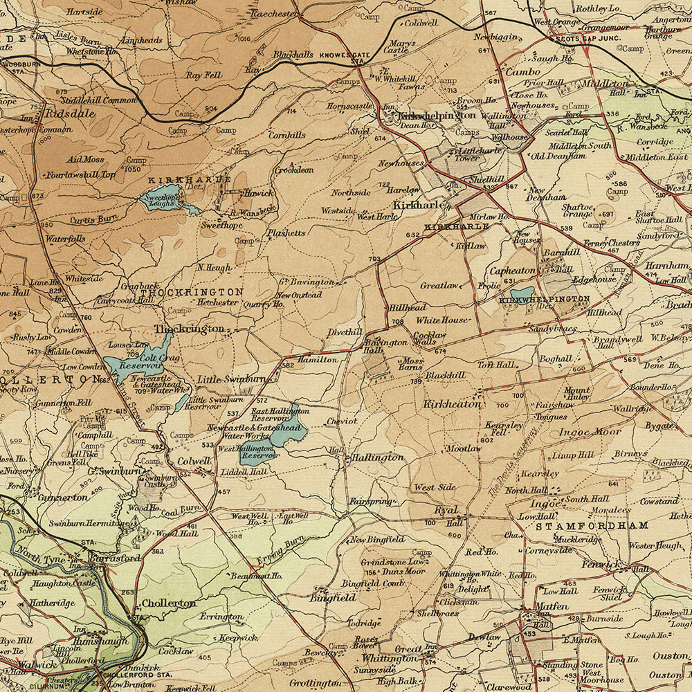 Old OS Map of Northumberland - South by Bartholomew, 1901: Newcastle, Sunderland, Tyne, National Park, Hadrian's Wall, North Sea