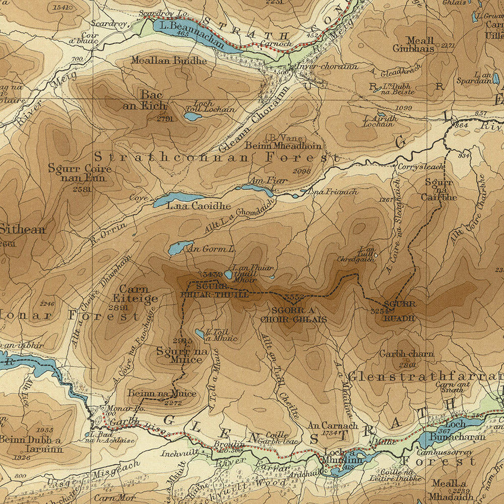 Alte OS-Karte von Zentral-Ross und Cromarty, Schottland von Bartholomew, 1901: Dingwall, Ullapool, Loch Maree, Ben Wyvis, Fluss Conon, Fannich-Berge 