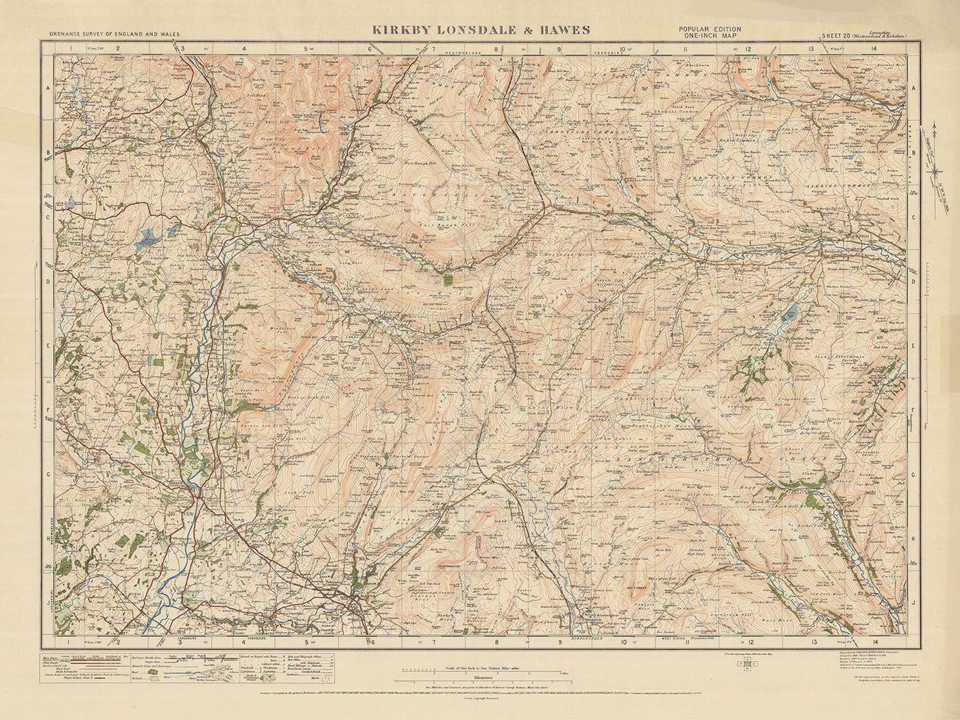 Antiguo mapa de Ordnance Survey, hoja 20 - Kirkby Lonsdale & Hawes, 1925: Ingleton, Sedbergh, Askrigg, Parque Nacional de Yorkshire Dales