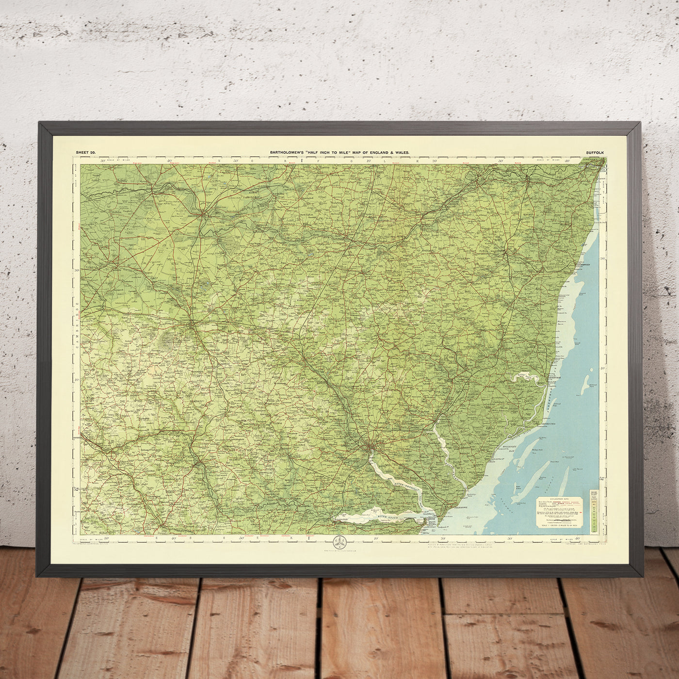 Antiguo mapa OS de Suffolk, Inglaterra por Bartolomé, 1901: Ipswich, Lowestoft, río Orwell, castillo de Framlingham, Orford Ness, bosque de Thetford