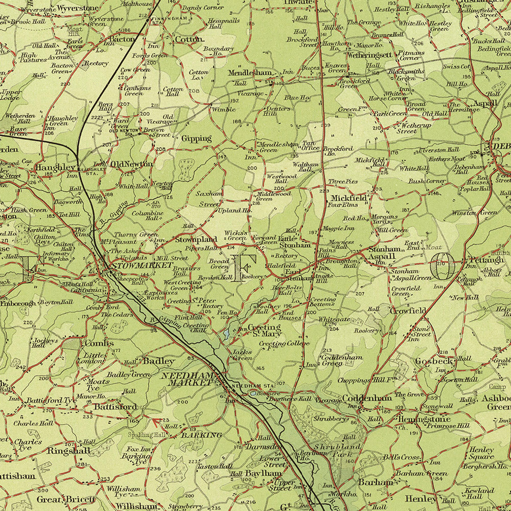 Antiguo mapa OS de Suffolk, Inglaterra por Bartolomé, 1901: Ipswich, Lowestoft, río Orwell, castillo de Framlingham, Orford Ness, bosque de Thetford