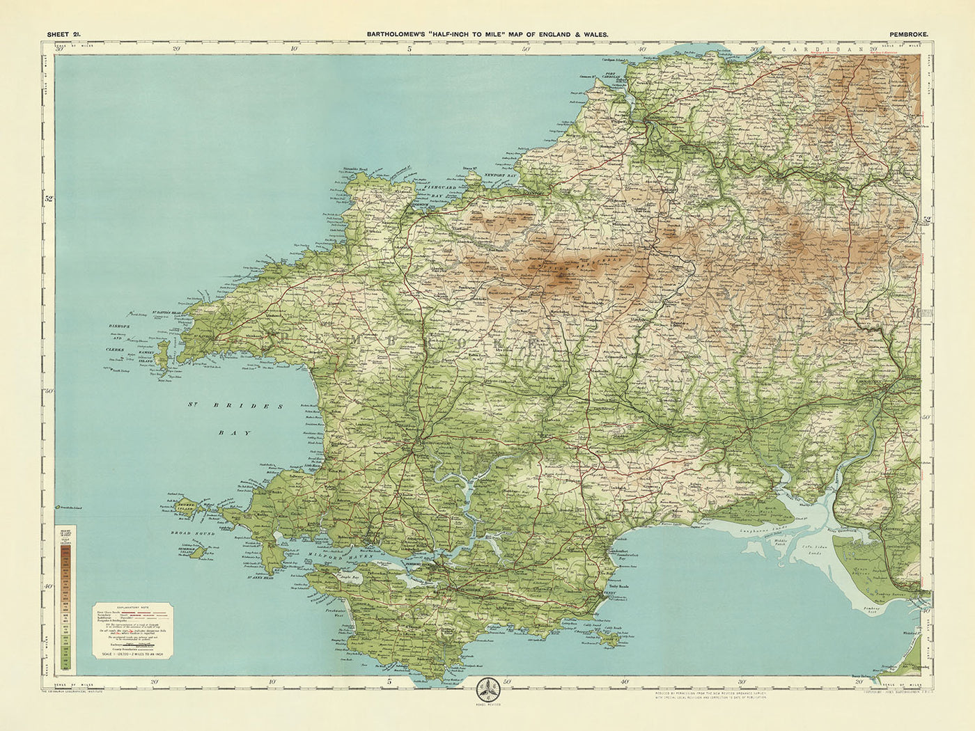Alte OS-Karte von Pembrokeshire von Bartholomew, 1901: Haverfordwest, Tenby, Preseli Hills, St Brides Bay, Burgen, Carmarthen 