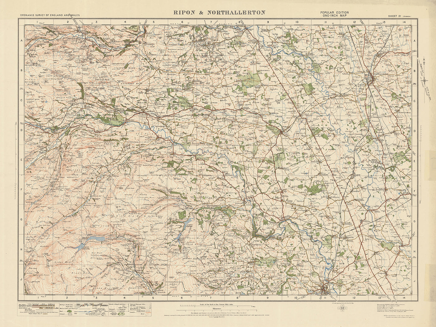 Alte Ordnance Survey-Karte, Blatt 21 - Ripon & Northallerton, 1925: Leyburn, Masham, Bedale, Bolton Castle, Nidderdale AONB 