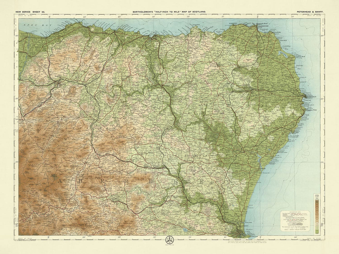 Old OS Map of Peterhead & Banff, Aberdeenshire by Bartholomew, 1901: Aberdeen, River Dee, Bennachie, Slains Castle, Fyvie Castle