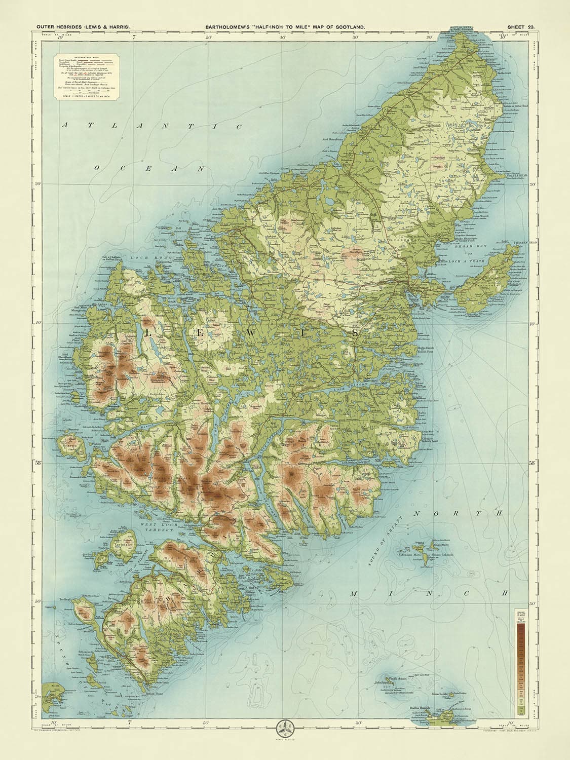Alte OS-Karte der Äußeren Hebriden, Lewis & Harris von Bartholomew, 1901: Stornoway, Clisham, Callanish-Steine 