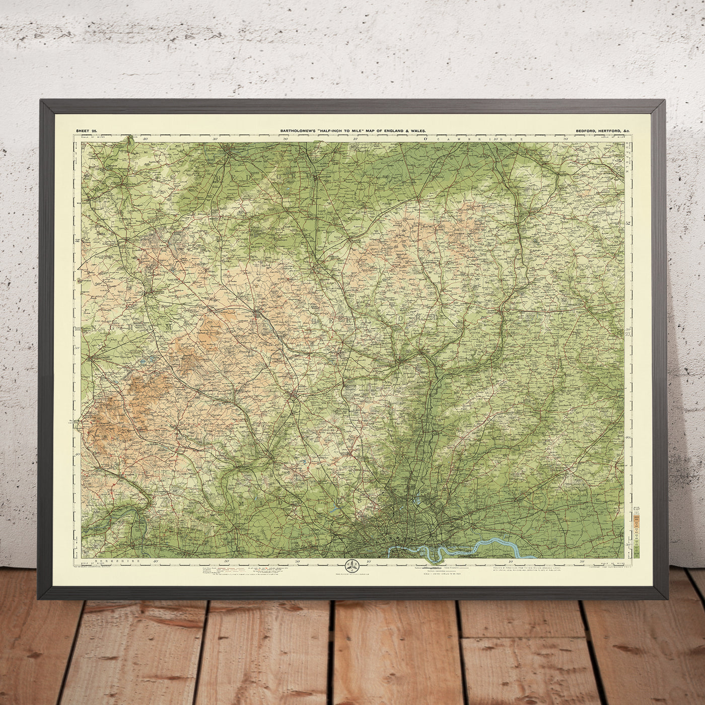 Mapa antiguo de Bedfordshire y Hertfordshire de Bartholomew, 1901: Luton, Colinas de Chiltern, Londres, Hemel Hempstead, St Albans 