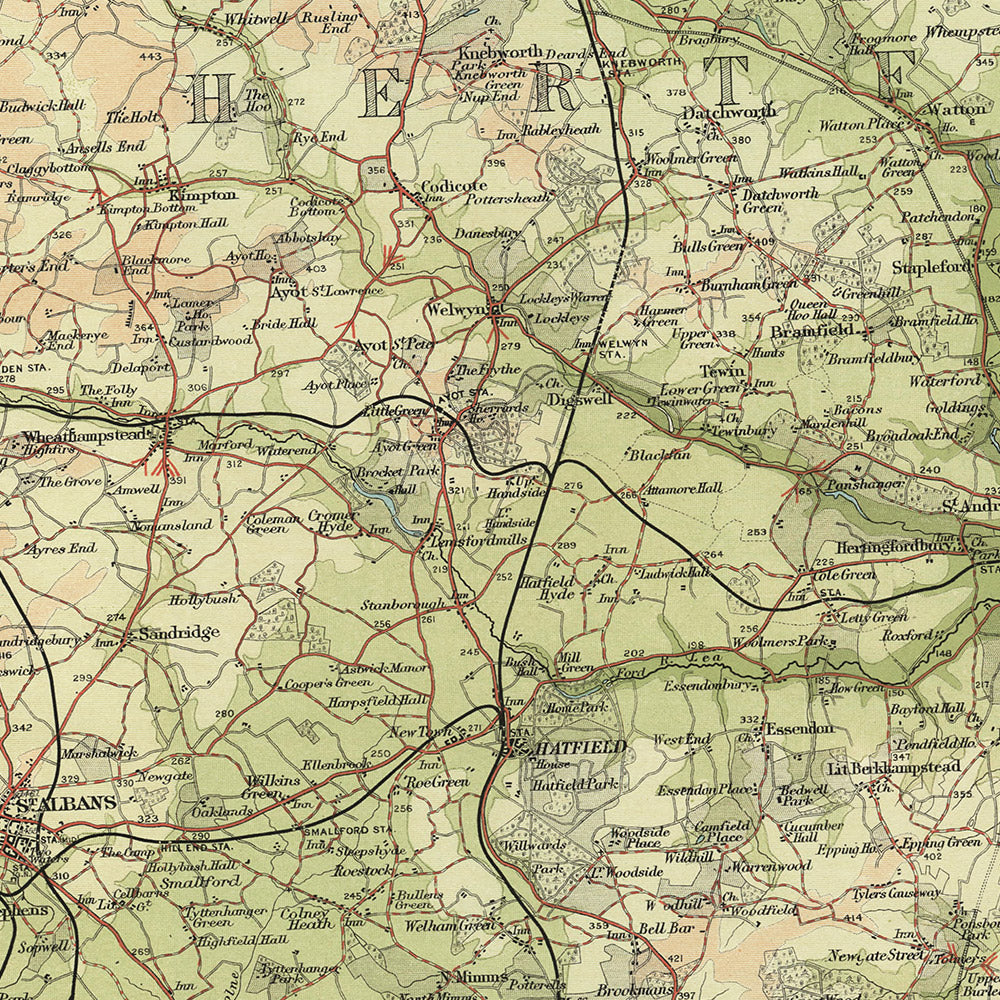 Mapa antiguo de Bedfordshire y Hertfordshire de Bartholomew, 1901: Luton, Colinas de Chiltern, Londres, Hemel Hempstead, St Albans 