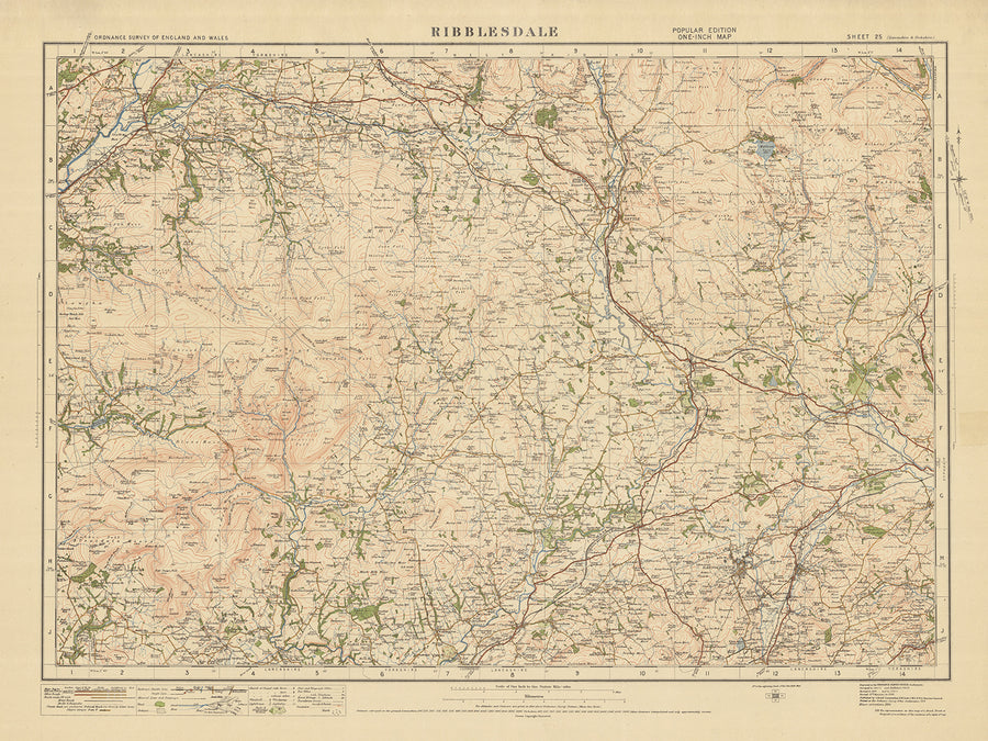 Alter Ordnance Survey-Karte, Blatt 25 - Ribblesdale, 1925: Settle, Bentham, Barnoldswick, Forest of Bowland AONB, Yorkshire Dales Nationalpark 