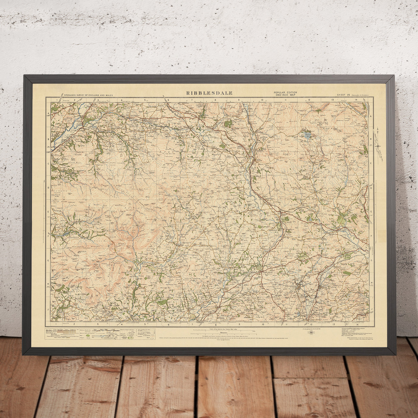 Mapa antiguo de Ordnance Survey, Hoja 25 - Ribblesdale, 1925: Settle, Bentham, Barnoldswick, Bosque de Bowland AONB, Parque Nacional de Yorkshire Dales