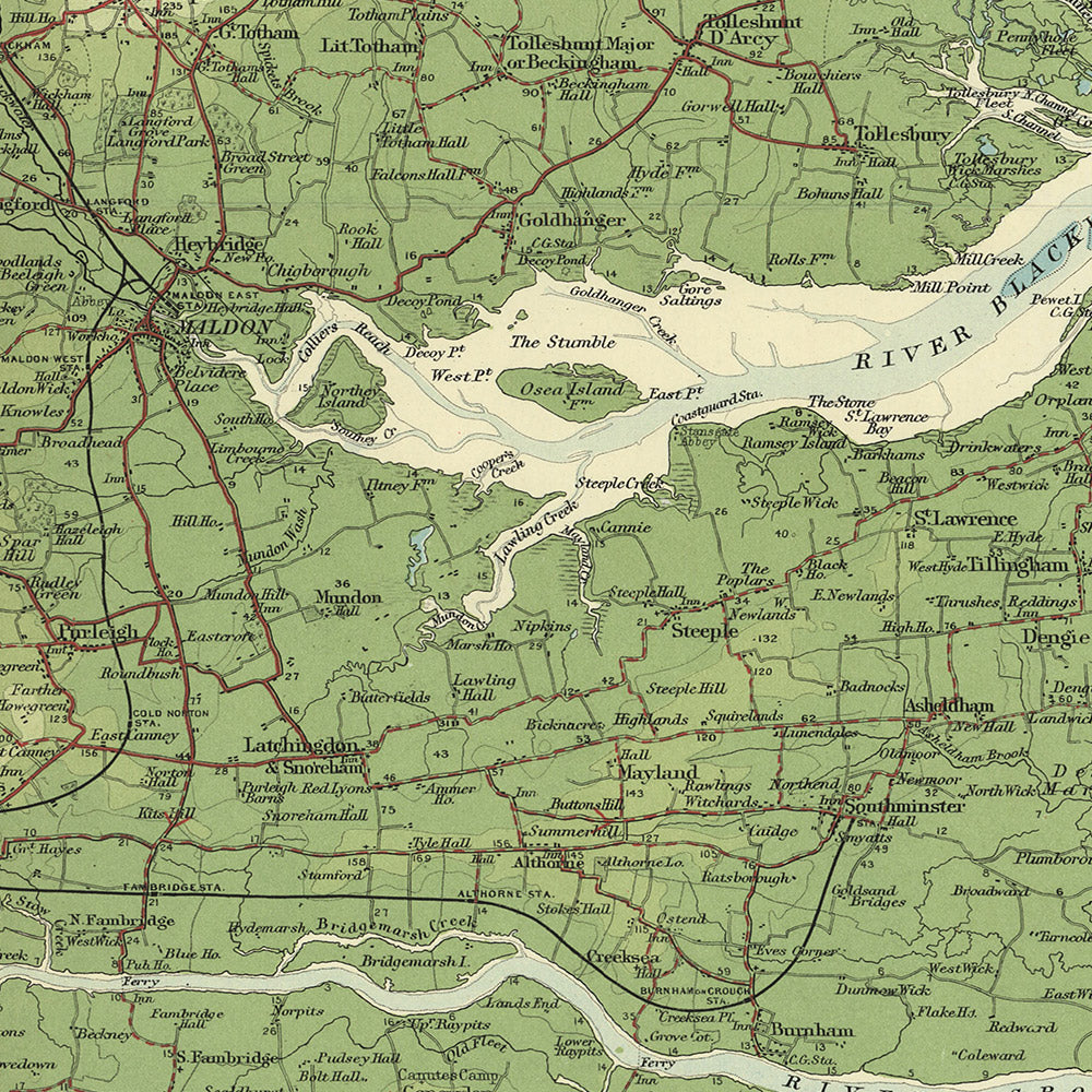 Old OS Map of Essex by Bartholomew, 1901: Chelmsford, Colchester, River Thames, Epping Forest, Tilbury Fort, Thames Estuary