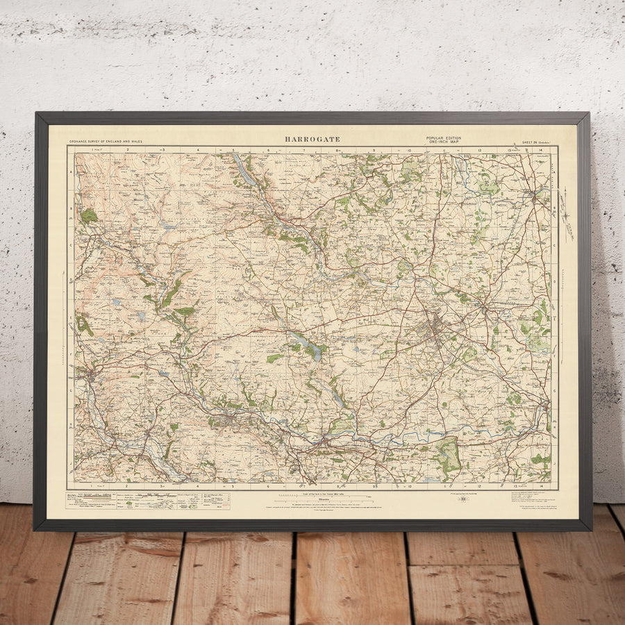 Mapa antiguo de Ordnance Survey, hoja 26 - Harrogate, 1925: Otley, Ilkley, Skipton, Knaresborough, Nidderdale AONB