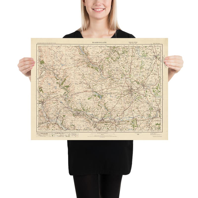 Mapa antiguo de Ordnance Survey, hoja 26 - Harrogate, 1925: Otley, Ilkley, Skipton, Knaresborough, Nidderdale AONB