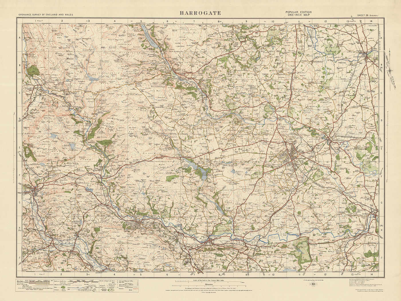 Mapa antiguo de Ordnance Survey, hoja 26 - Harrogate, 1925: Otley, Ilkley, Skipton, Knaresborough, Nidderdale AONB