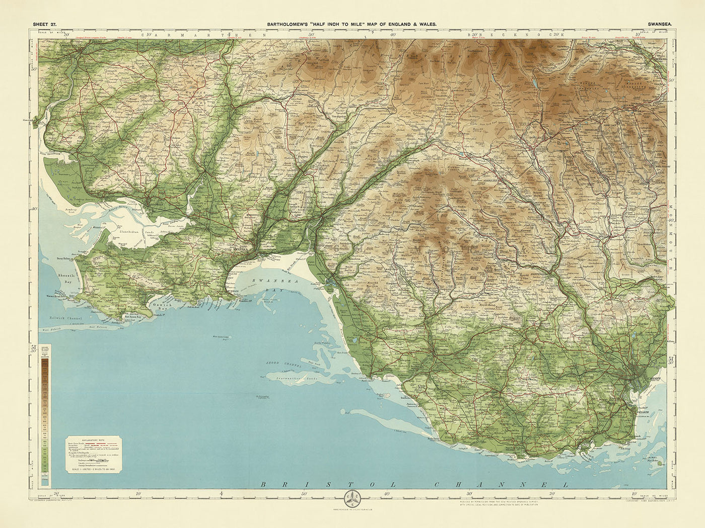 Old OS Map of Swansea, South Wales by Bartholomew, 1901: Neath, Carmarthen, Brecon, Tawe, Brecon Beacons