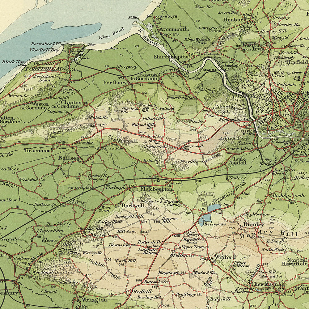 Alte OS-Karte von Bath & Bristol, Somerset von Bartholomew, 1901: Mendip Hills, Cardiff, Cheddar Gorge 