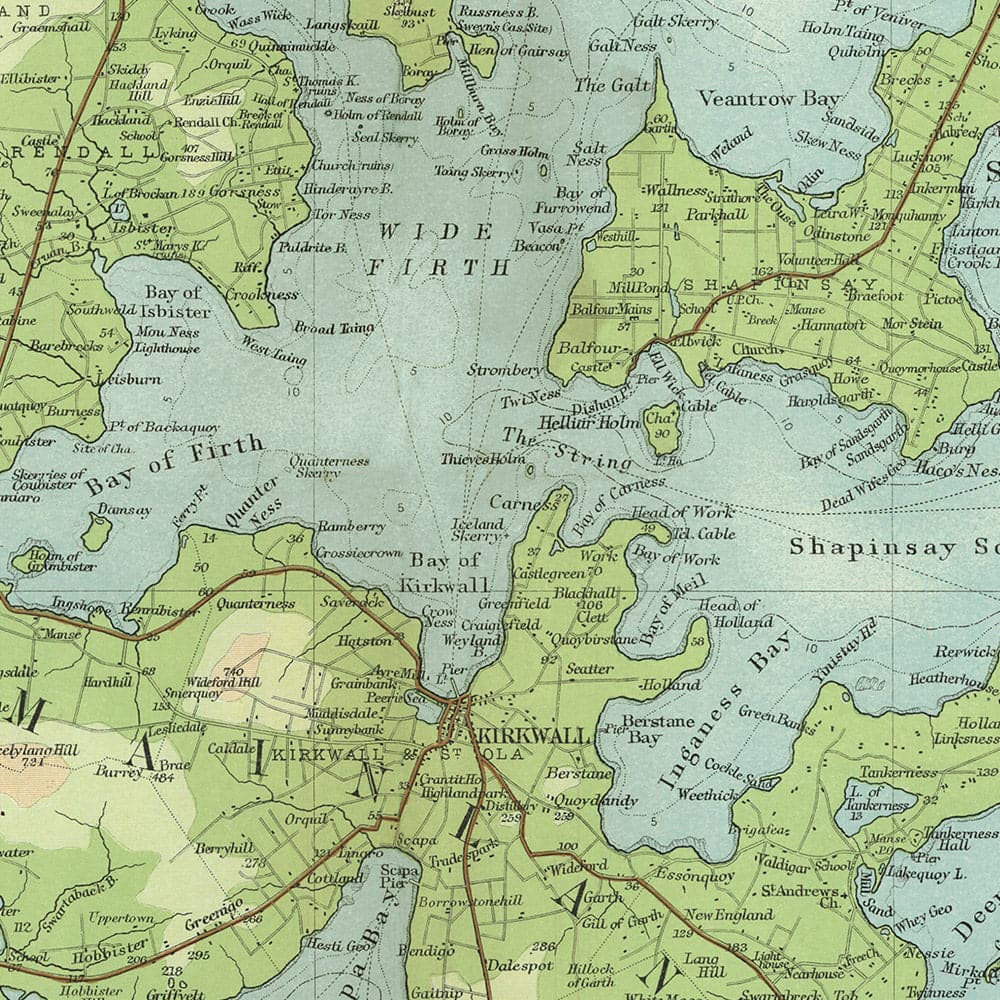 Alte OS-Karte der Orkney-Inseln von Bartholomew, 1901: Kirkwall, Stromness, Scapa Flow, Hoy, Pentland Firth, Mainland 