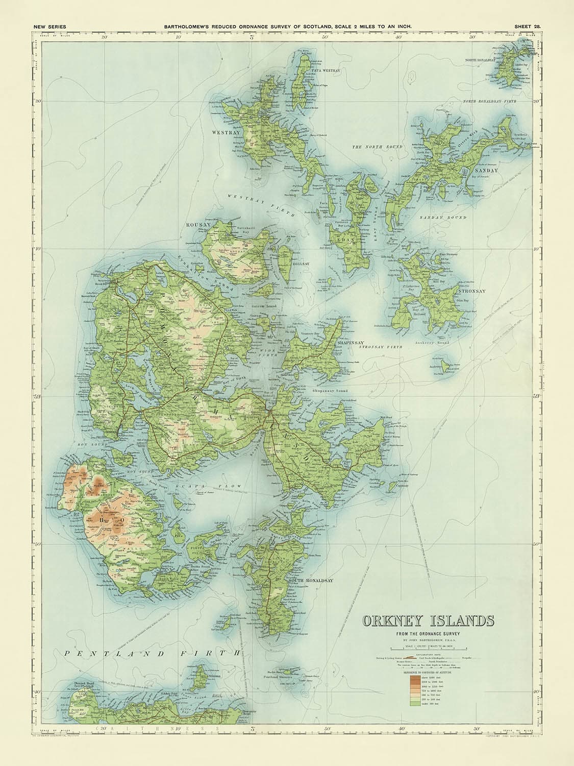 Alte OS-Karte der Orkney-Inseln von Bartholomew, 1901: Kirkwall, Stromness, Scapa Flow, Hoy, Pentland Firth, Mainland 