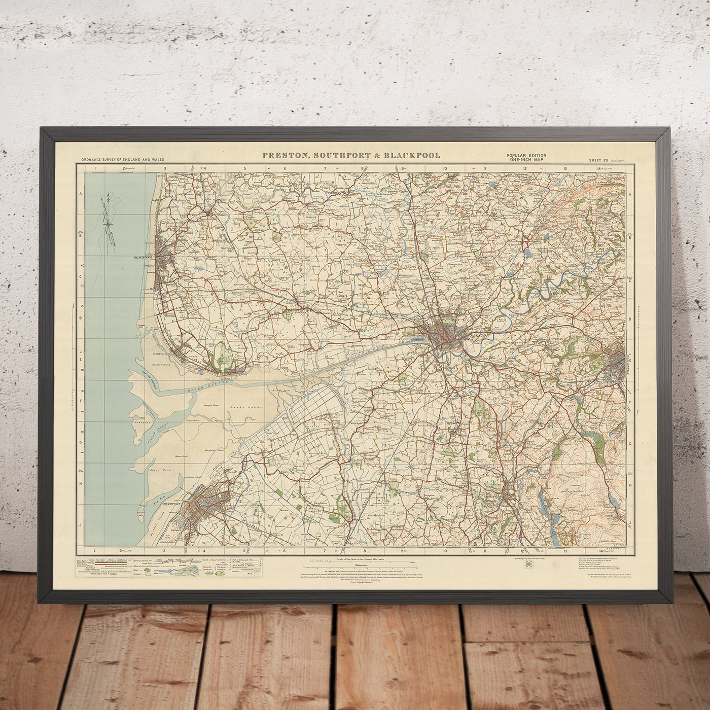 Mapa antiguo de Ordnance Survey, hoja 29 - "Preston, Southport & Blackpool", 1925: Blackburn, Chorley, Kirkham, Lytham St Annes y estuarios del Ribble y del Alt.