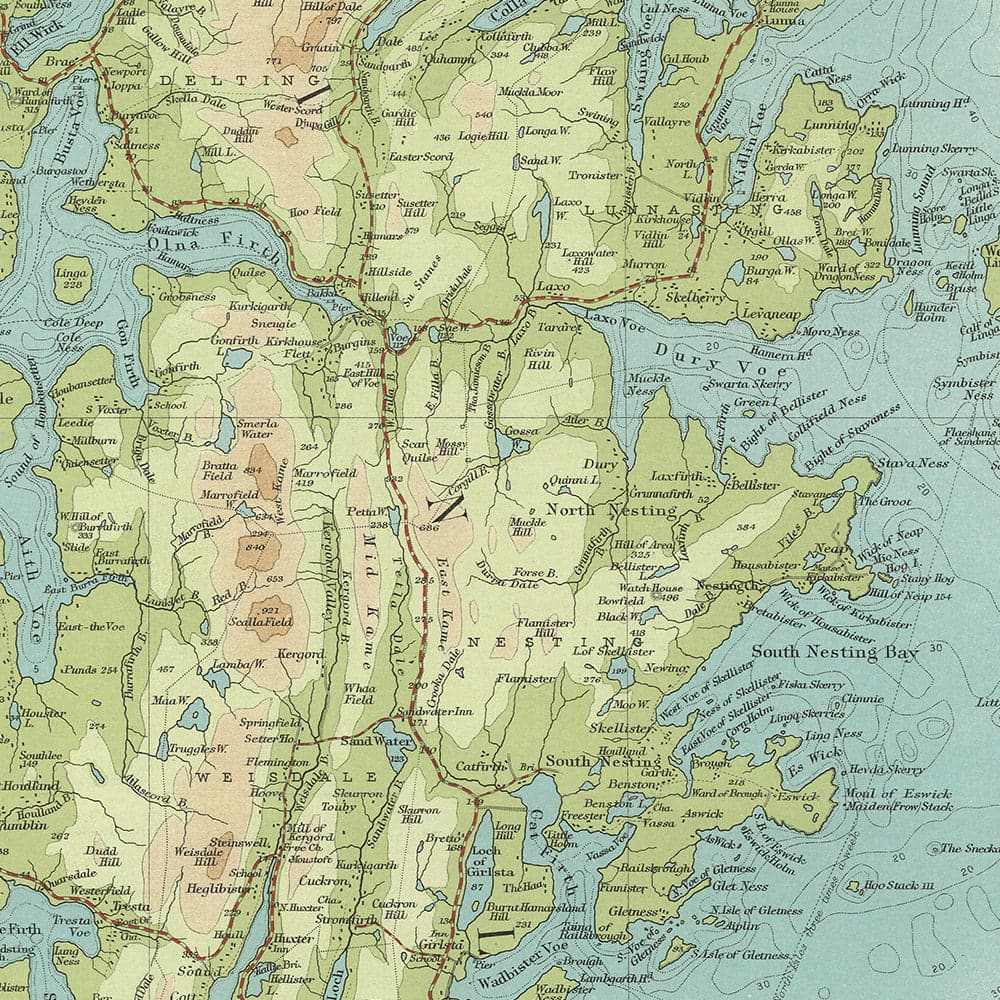 Alte OS-Karte der Shetlandinseln von Bartholomew, 1901: Lerwick, Ronas Hill, Sullom Voe, Jarlshof, Fair Isle, Foula 