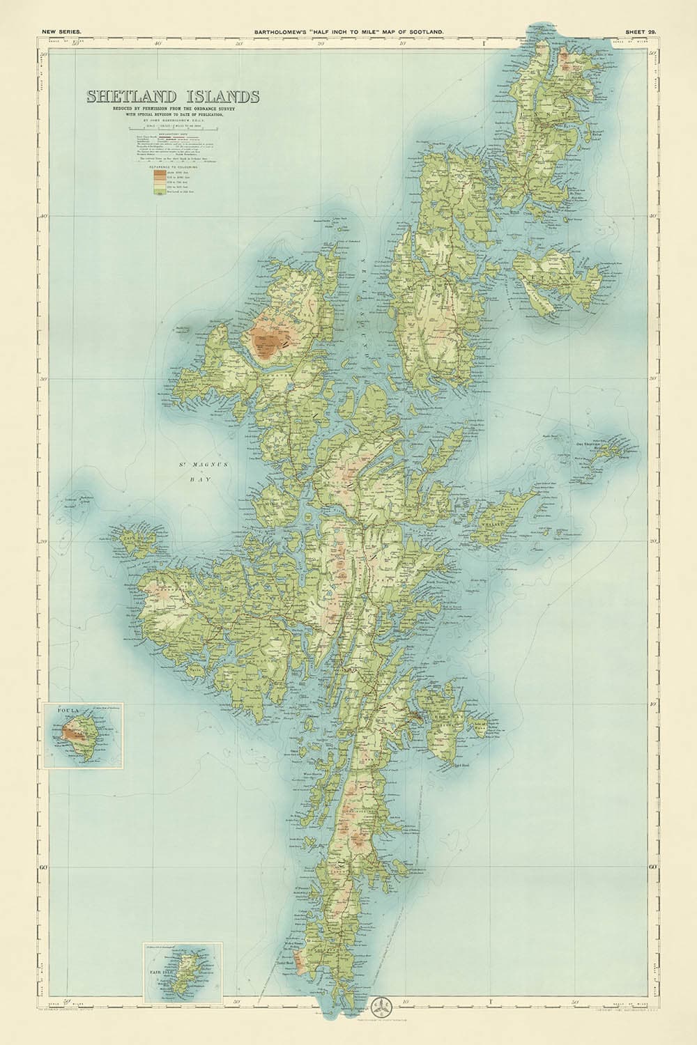 Alte OS-Karte der Shetlandinseln von Bartholomew, 1901: Lerwick, Ronas Hill, Sullom Voe, Jarlshof, Fair Isle, Foula 