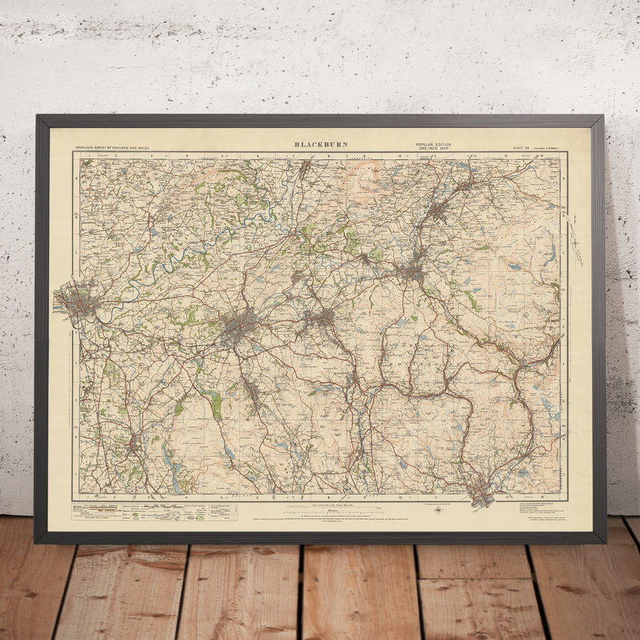 Mapa antiguo de Ordnance Survey, hoja 30 - Blackburn, 1925: Preston, Burnley, Clitheroe, Accrington, Chorley