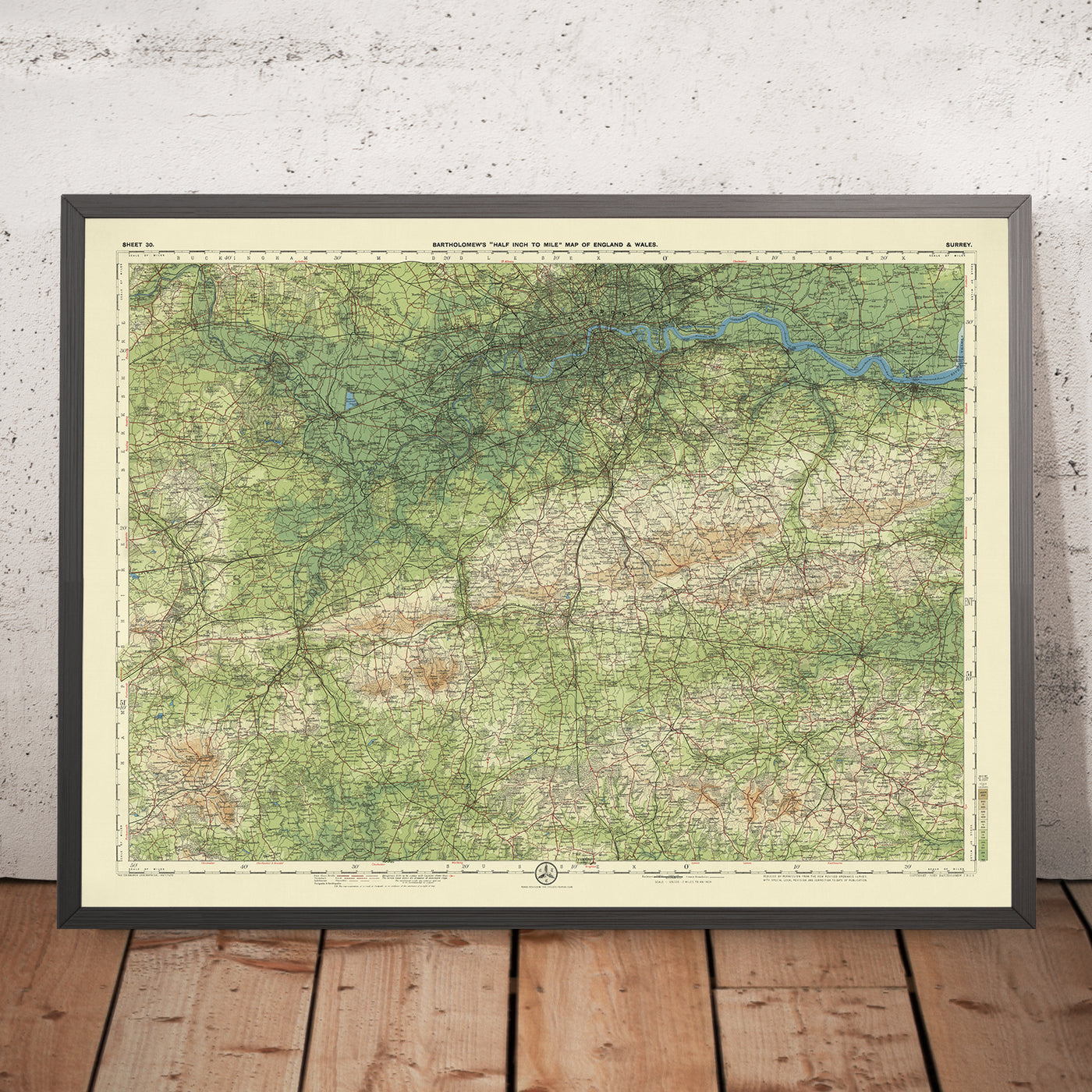 Alte OS-Karte von Surrey von Bartholomew, 1901: London, Themse, Richmond Park, North Downs, Epsom 