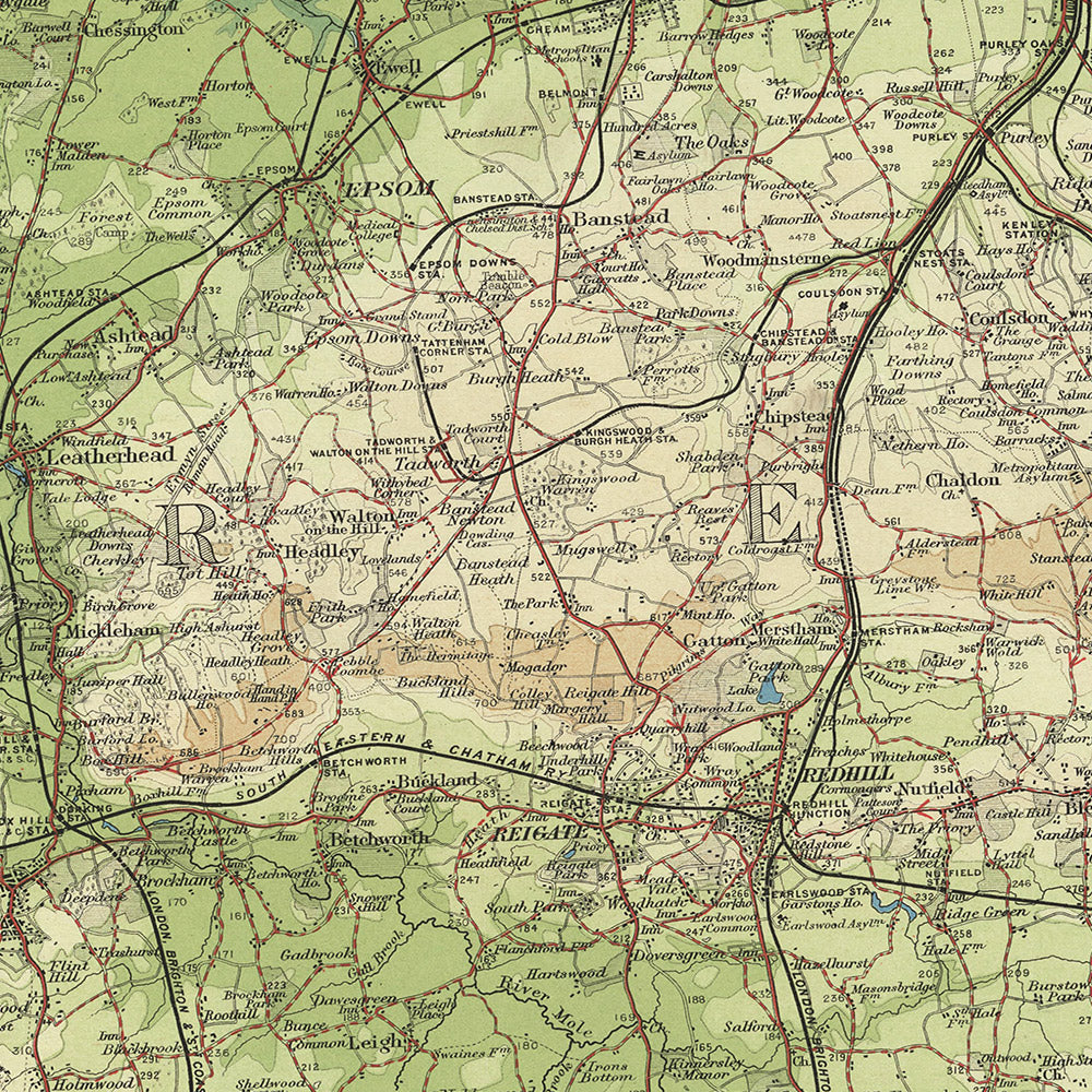 Alte OS-Karte von Surrey von Bartholomew, 1901: London, Themse, Richmond Park, North Downs, Epsom 