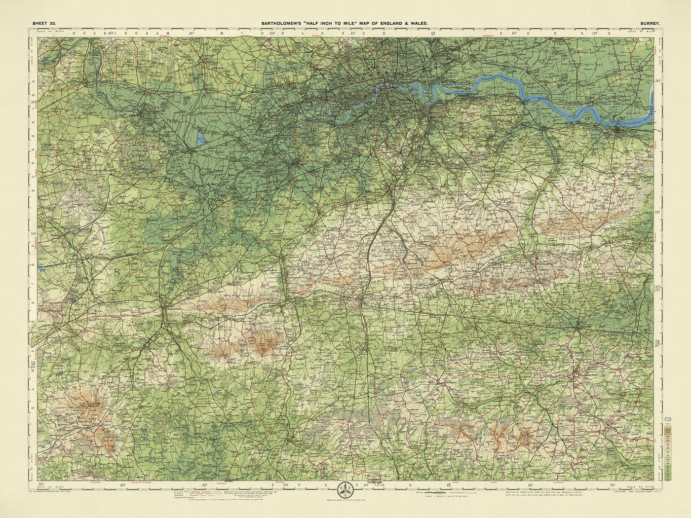 Alte OS-Karte von Surrey von Bartholomew, 1901: London, Themse, Richmond Park, North Downs, Epsom 