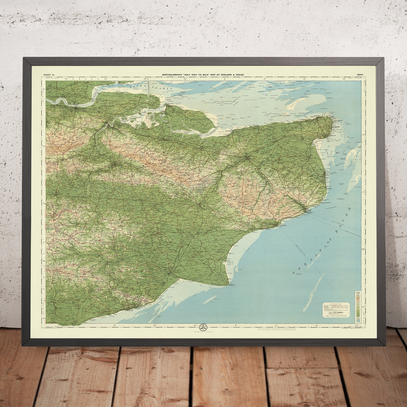 Old OS Map of Kent, England by Bartholomew, 1901: Thames Estuary, Dover, Canterbury, North Downs, Weald, Isle of Sheppey