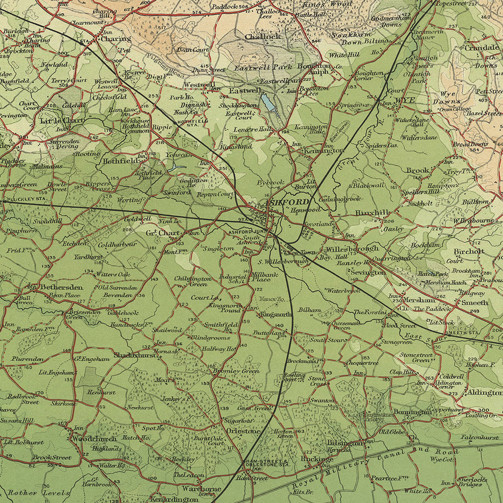 Old OS Map of Kent, England by Bartholomew, 1901: Thames Estuary, Dover, Canterbury, North Downs, Weald, Isle of Sheppey
