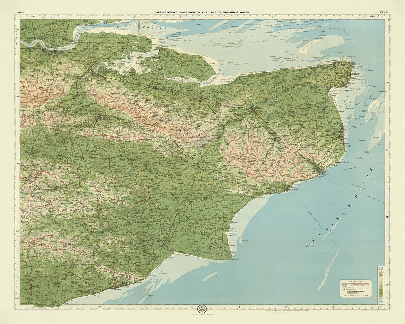 Old OS Map of Kent, England by Bartholomew, 1901: Thames Estuary, Dover, Canterbury, North Downs, Weald, Isle of Sheppey