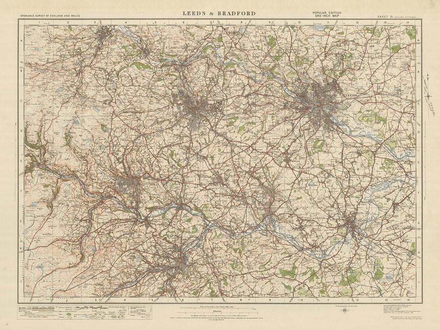 Mapa antiguo de Ordnance Survey, hoja 31 - Leeds & Bradford, 1925: Halifax, Huddersfield, Wakefield, Dewsbury, Keighley
