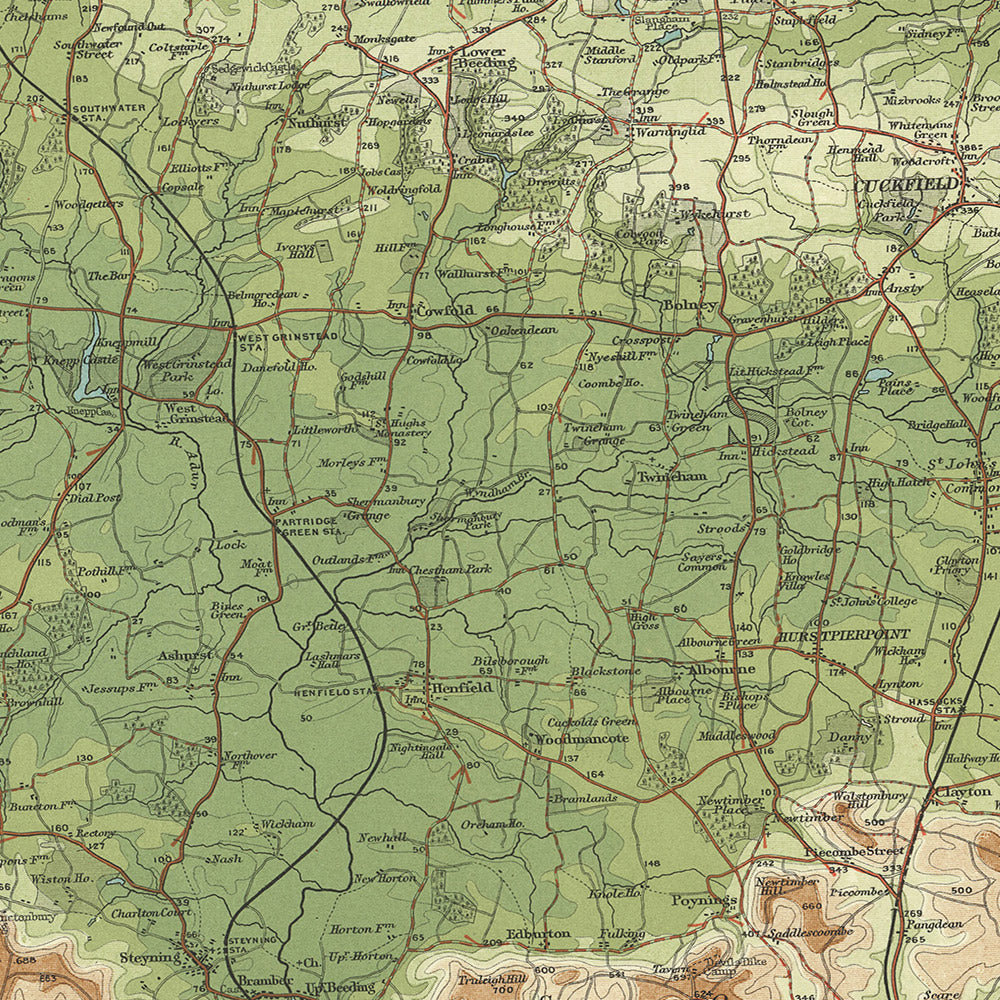 Alte OS-Karte von Sussex von Bartholomew, 1901: Brighton, Hastings, South Downs, Arundel Castle, Beachy Head 