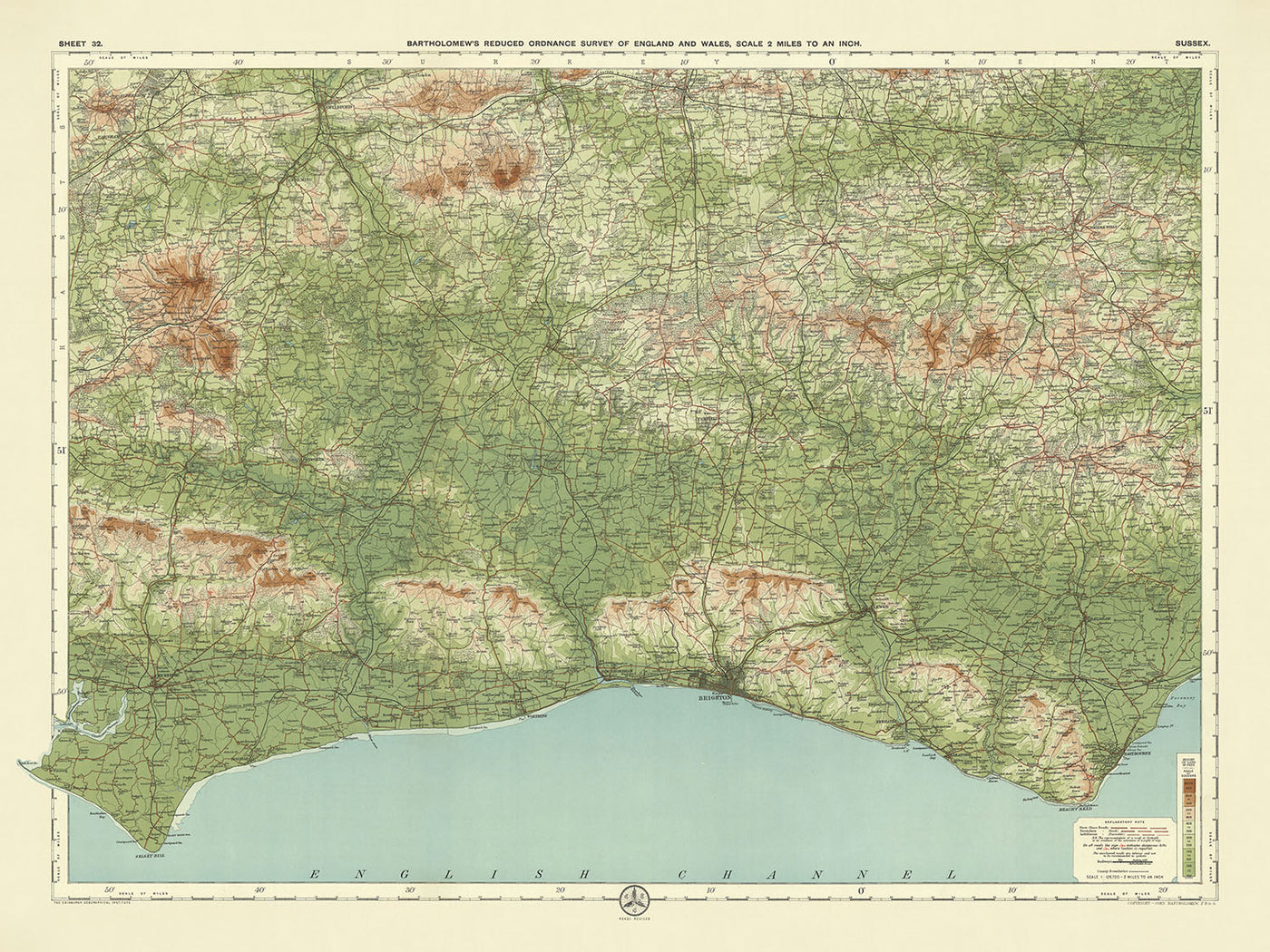 Alte OS-Karte von Sussex von Bartholomew, 1901: Brighton, Hastings, South Downs, Arundel Castle, Beachy Head 