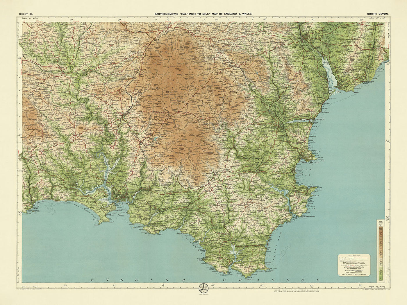 Alte OS-Karte von Süddevon von Bartholomew, 1901: Exeter, Torquay, Dartmoor, Exe-Mündung, Start Point, Torbay 