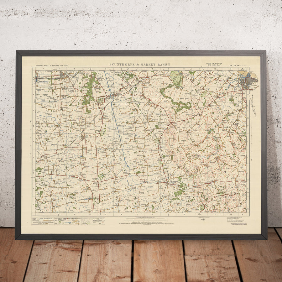 Mapa antiguo de Ordnance Survey, Hoja 39 - Scunthorpe & Market Rasen, 1925: Brigg, Caistor, Kirton in Lindsey, Grimsby, Lincolnshire Wolds AONB