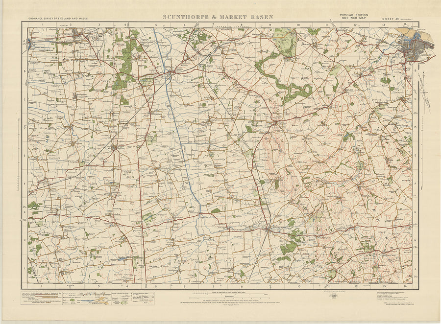 Mapa antiguo de Ordnance Survey, Hoja 39 - Scunthorpe & Market Rasen, 1925: Brigg, Caistor, Kirton in Lindsey, Grimsby, Lincolnshire Wolds AONB