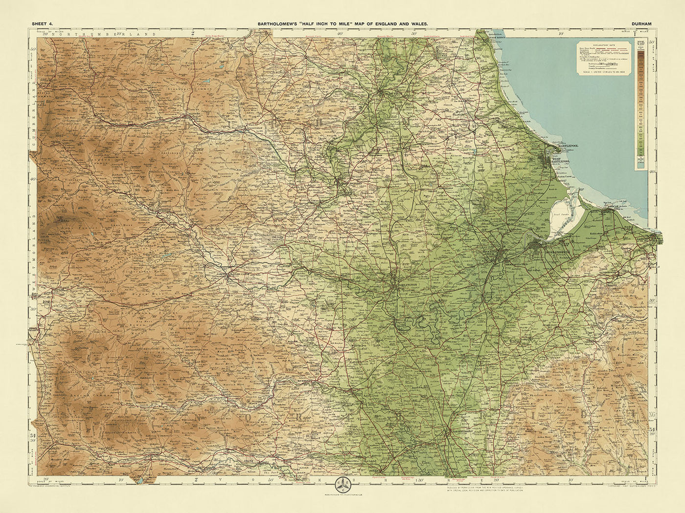Antigua mapa OS del condado de Durham por Bartholomew, 1901: Middlesbrough, río Tees, colinas de Pennine, Darlington, Hartlepool 