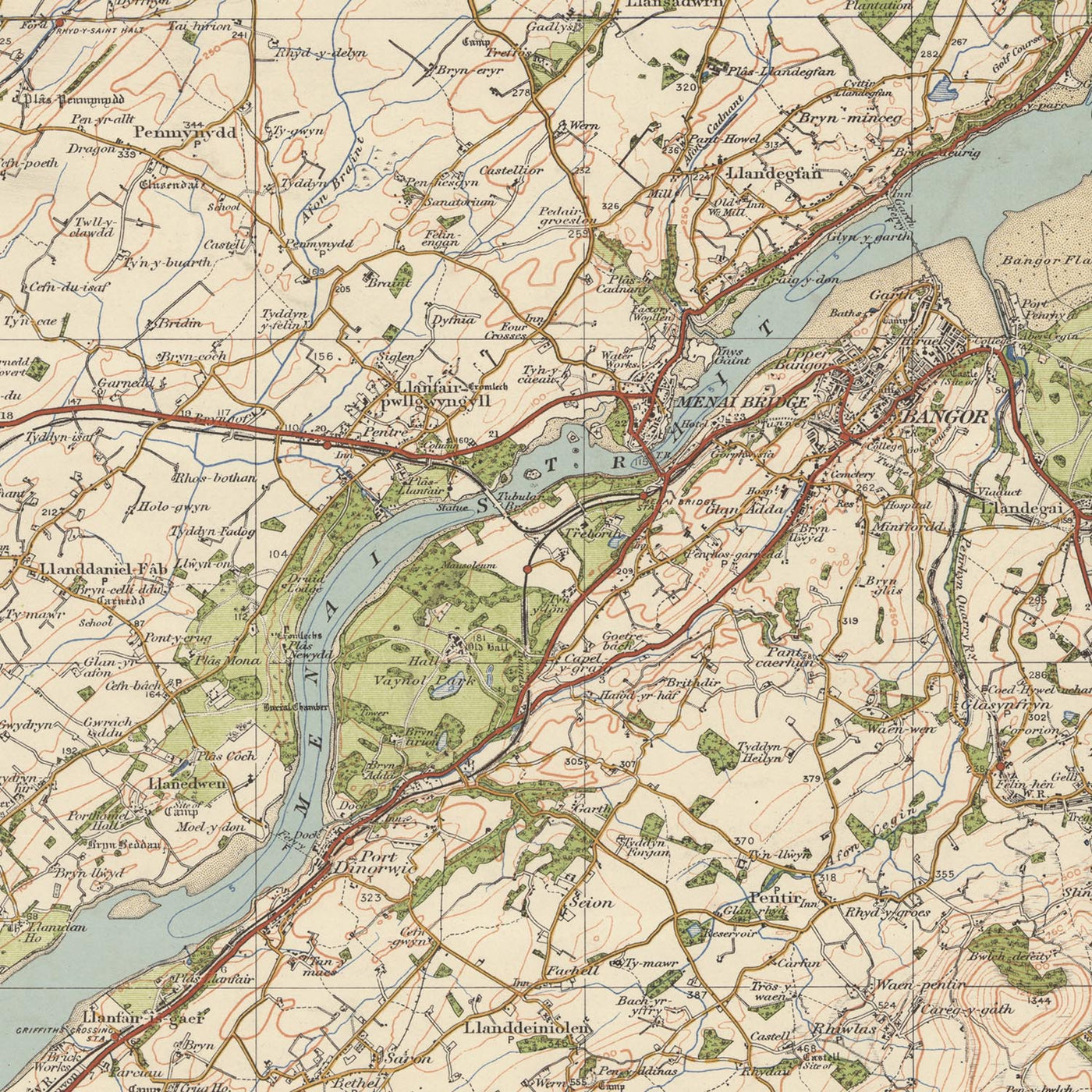 Alter Ordnance Survey Karte, Blatt 41 - Anglesey, 1925: Bangor, Caernarfon, Holyhead, Amlwch, Beaumaris 