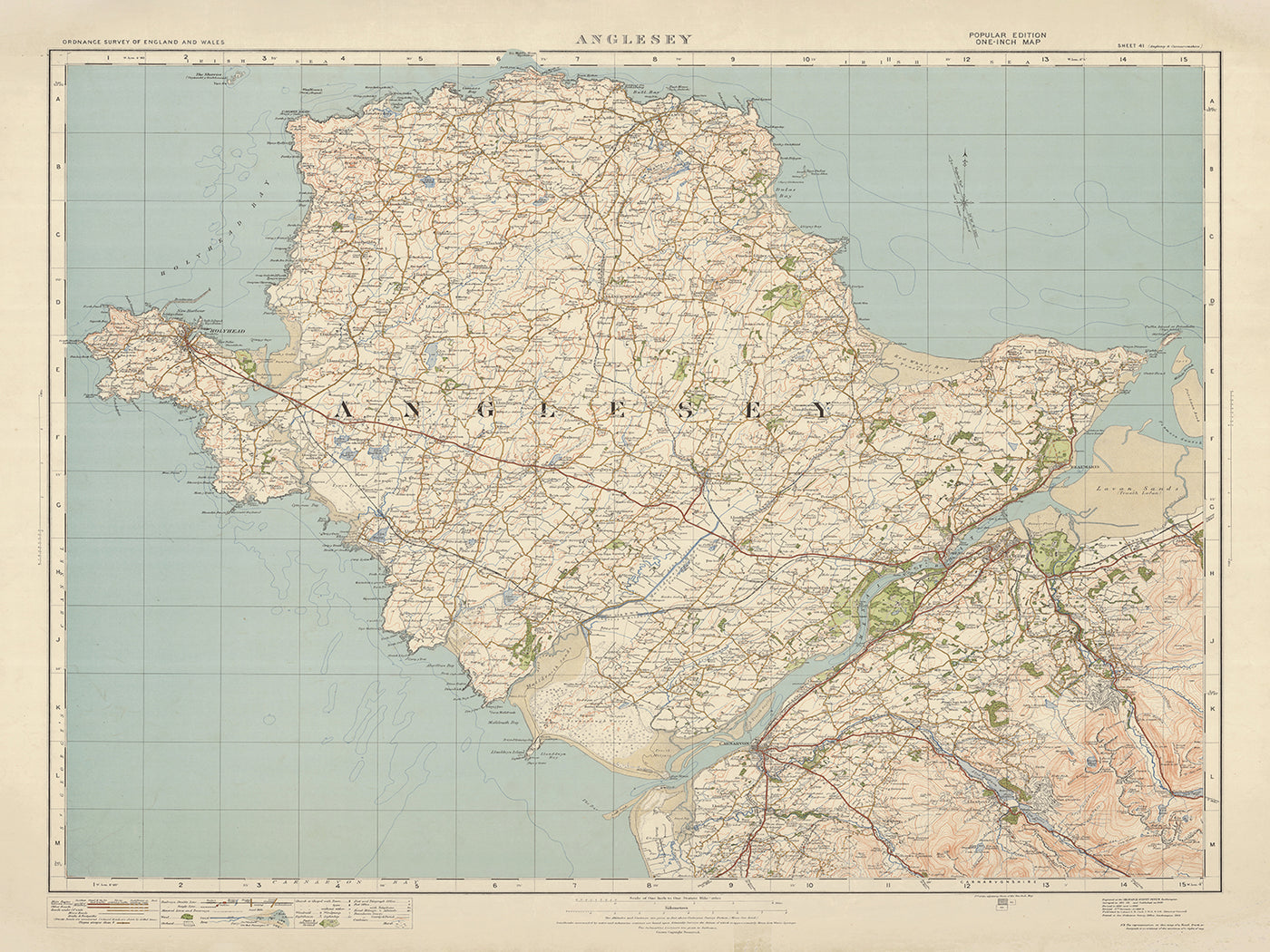 Alter Ordnance Survey Karte, Blatt 41 - Anglesey, 1925: Bangor, Caernarfon, Holyhead, Amlwch, Beaumaris 