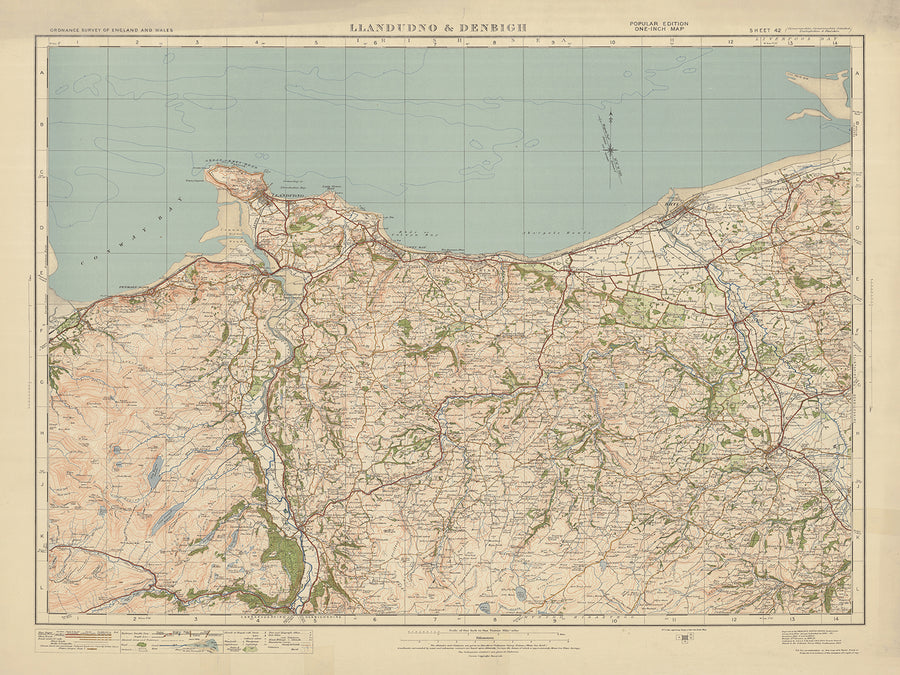 Alter Ordnance Survey Karte, Blatt 42 - Llandudno & Denbigh, 1925: Colwyn Bay, Llanwrst, Rhyl, Conwy, Gwydir Forest Park 