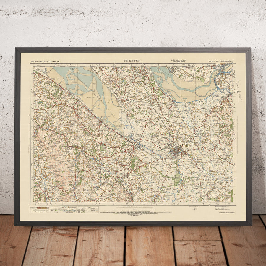 Mapa de Old Ordnance Survey, hoja 43 - Chester, 1925: Flint, Widnes, Ellesmere Port, Mold, Clwydian Range y Dee Valley AONB
