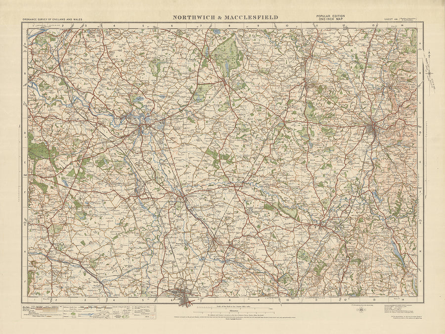 Alte Ordnance Survey-Karte, Blatt 44 - Northwich & Macclesfield, 1925: Knutsford, Crewe, Macclesfield, Wilmslow, Winsford 